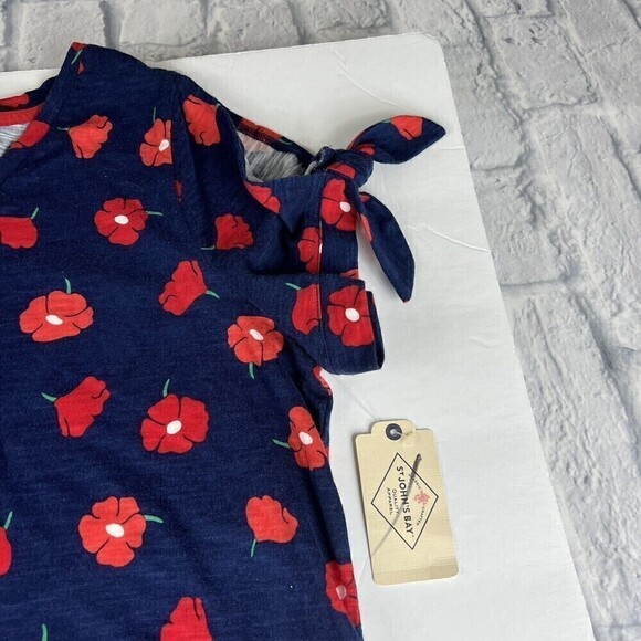 St John's Bay Navy Floral Blouse M Cold Shoulder , ￼ Shoulder Ties￼ Short Sleeve - Picture 5 of 10